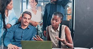 Frustrated, business and people with laptop in mistake, disappointment or fail at office. Group of upset employees in stress or bad news on computer in teamwork for negative results at workplace