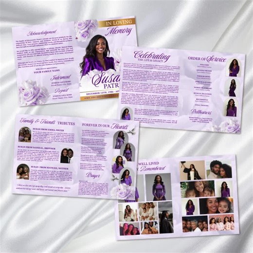 Purple Roses Funeral Program Template: 8-page Memorial Obituary (canva Editable, Digital Download) - Etsy