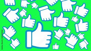 animation of many hand icons with blue thumb up. On green, background. animation of various social media icons falling from top to bottom. like, blank, splash screen, cutoff.