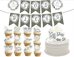 Baptism decorations with God Bless banner, cross cake topper, and baptism cupcake toppers for boy or girl baptism backdrop or centerpiece (36 Pcs)