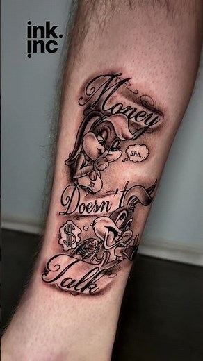 Cartoon Black and Grey Script Leg Design #tattoo #tattooideas