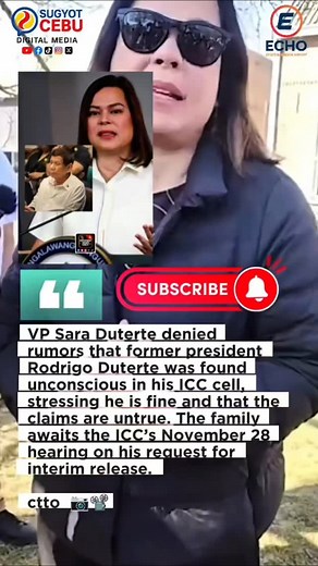 Rumors exploded online claiming former Philippine president Rodrigo Duterte was found unconscious inside his ICC detention cell — but VP Sara Duterte shuts it down, confirming he’s completely fine. 🙅‍♂️🔥 As the ICC prepares for its Nov. 28 hearing on Duterte’s appeal, the drama continues to unfold on the global stage. 🌍 For quick, accurate international news updates, 👉 LIKE, COMMENT, and SUBSCRIBE to stay informed! 📲✨ #BreakingNews #GlobalPolitics #AsiaNews #WorldUpdates | EchoTrend Hub