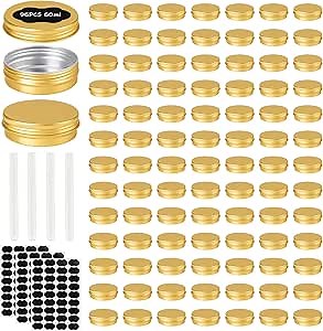 OBKJJ 96 Pack Round Cans with Screw Lid 2 Oz Aluminum Metal Tins DIY Food Candle Containers for Lotion Bars, Balms, Salve, Spices, Beard Balm, Crafts with 4 Markers 3 Sheets Label Stickers (Gold)