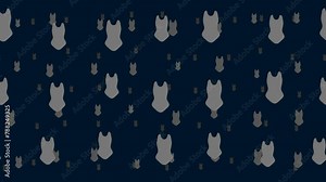 One-piece swimsuit symbols float horizontally from left to right. Parallax fly effect. Floating symbols are located randomly. Seamless looped 4k animation on dark blue background