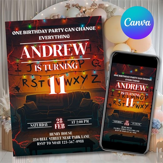 Stranger Things Invitation, Birthday Invitations, Stranger Things Invite, Stranger Things Party, Digital Download, Editable Canva Template - Etsy