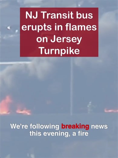 An NJ Transit bus was destroyed in a fire, as flames could be seen tearing through it on the New Jersey Turnpike, just south of Newark Airport. UPDATE: NJ Transit said the 114 bus from Bridgewater to Port Authority Bus Terminal had a tire blowout near Exit 14. About 25 customers and the driver got off the bus, with no injuries reported. #NJ #newarknj #njtransit