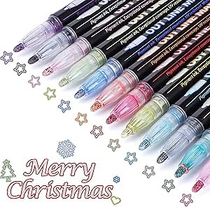 Shimmer Markers Double Line Outline Markers, 12 Colors Metallic Glitter Pens Set for Drawing, Art Supplies, Arts Crafts, Gifts for 4-12 Year Old Girl Kids Teens