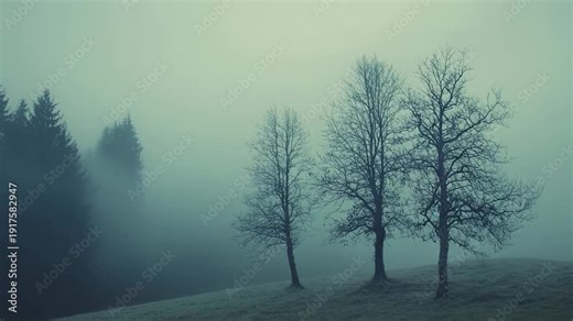 Ethereal, moody winter landscape with three bare trees on a frost kissed hill, dense evergreen forest veiled in thick fog at dawn, serene and mysterious atmosphere