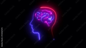 Neon brain icon animation. Abstract circuit brain animation. Glowing Complicated Brain. Brain work icon 4k looped animation. Animation of social media icons over spinning human brain icon .