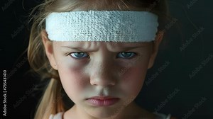 A young girl with a bandage on her forehead her face contorted with pain showing the debilitating effects of a chronic migraine, Little Girl With Bandage on Her Head