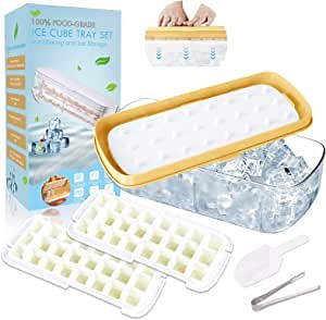 Ice Cube Tray for Freezer, Two Silicone Trays With Lid Bin Clear Easy Release Flexible Cubes Stackable Mould for Cocktails Coffee Icecubes with Cover Flexible Nugget No Spill Cubos De Hielo Orange