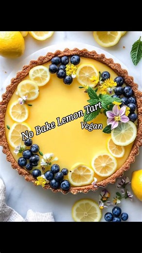 No Bake Lemon Tart When life gives you lemons, make a no-bake Vegan Lemon Tart! Super easy recipe with very minimal ingredients and the best part you don’t even need an oven. Ingredients • 5 Lemons, medium • 1 (15-ounce) can of Coconut cream • 1/3 cup Coconut milk • 2 tbsp Corn starch • 3/4 cup Sugar • 1 tsp Turmeric, ground • 1 tsp Vanilla extract • 2 tbsp Coconut oil • 1 package Biscoff cookies or Vanilla wafers cookies Topping: 1 lemon 🍋 and some blueberries 🫐 and mint. Directions: Step 1 I