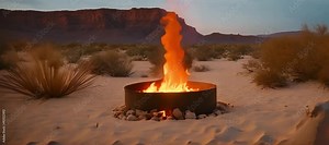 The tranquil sands meet the fierce dance of flames leaping from a metal barrel at day’s end