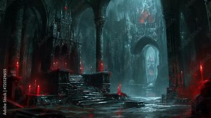 The vampires throne sits at the center of the crypt, made of obsidian and adorned with ruby accents, a symbol of their power and wealth in this hidden sanctuary. Fantasy animation