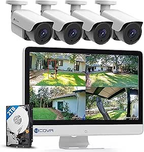 4COVR 4K PoE Security Camera System with Monitor, 8CH 8MP H.265 UHD NVR with Monitor Pre-Installed 2TB HDD, 4Pcs 8MP IR Bullet Wired PoE IP Camera IP67, Person Vehicle Detection, LY37EX8MU804