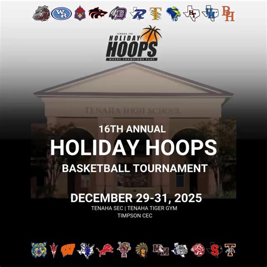 🏆Introducing the 16th Annual Holiday Hoops Field of Teams! Check out the Tenaha ISD Holiday Hoops website where all details will be located relating to the event: 🔥LIVE BRACKETS 📱Digital Program 🍤TIGER CAFE MENU 🎟️Online Ticket Purchasing 📺Streaming links - Antler Sports and NETsn Let’s Go! 💪 | Tenaha Independent School District