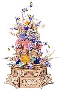 MU 3D Metal Puzzles for Adults Feast of Flower, 3D Wooden Puzzles Metal Model Kit Building Wood Flowers Kits DIY Craft Set with Music Box Lighting, Birthday Hobby Gift Home Desk Decor