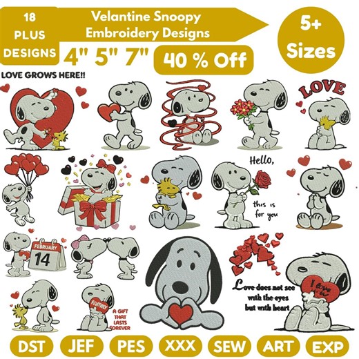 Valentine Snoopy Machine Embroidery Design Snoopy With Heart Embroidery Cute Fall Snoopy Embroidery Valentine Heart Cute Snoopy File 5 sizes - Etsy