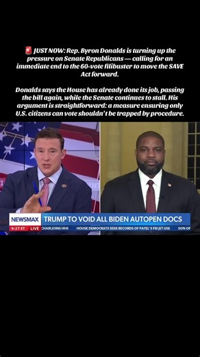 🚨 JUST NOW: Rep. Byron Donalds is turning up the pressure on Senate Republicans — calling for an immediate end to the 60-vote filibuster to move the SAVE Act forward. Donalds says the House has already done its job, passing the bill again, while the Senate continues to stall. His argument is straightforward: a measure ensuring only U.S. citizens can vote shouldn’t be trapped by procedure. His demand is clear and urgent: Drop the supermajority rule. Put the bill on the floor. Pass the SAVE Act. 