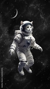 An animated cat astronaut floating through space. Created with some elements made with generative AI.