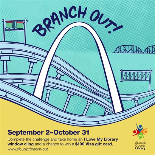 The Branch Out Challenge starts today! How many libraries can you visit? Stop by 5 branches and earn an “I Love My Library” window cling and a chance to a win a $100 Visa gift card. Pick up a passport at your local branch or track your progress online. Learn more: www.slcl.org/branch-out. #branchout #librarylove #supportlibraries | St. Louis County Library