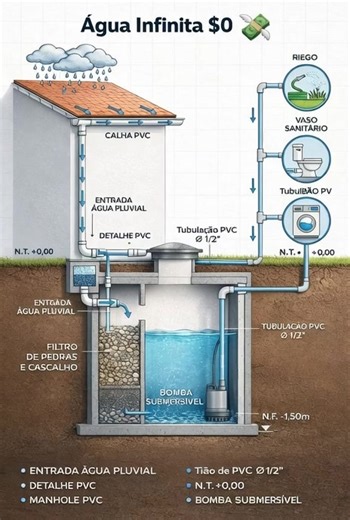 💡 Com um sistema simples de captação de água pluvial, isso muda: ✔️ A água é coletada pelas calhas ✔️ Passa por filtragem (pedras e cascalho) ✔️ É armazenada em reservatório adequado ✔️ Uma bomba distribui para usos não potáveis 💧 Aplicações práticas: 🚽 Vaso sanitário 👕 Máquina de lavar 🧹 Limpeza 🌱 Irrigação ♻️ Isso não é improviso. É engenharia sustentável. Menos consumo da rede pública, mais economia e mais consciência ambiental. 👉 Agora a pergunta que gera debate: Por que ainda desperd