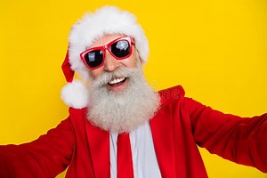 Photo of Charming Positive Claus Wear Red Tux Costume Tux Smiling Tacking Video Isolated Yellow Color Background Stock Image - Image of suit, bearded: 263411209