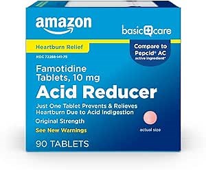 Amazon Basic Care Original Strength Famotidine Tablets, 10 mg, Acid Reducer, Heartburn Medicine, Acid Indigestion Relief, 90 Count