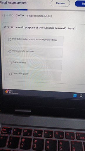 What is the main purpose of the "Lessons Learned" phase?  A. Di... | Filo