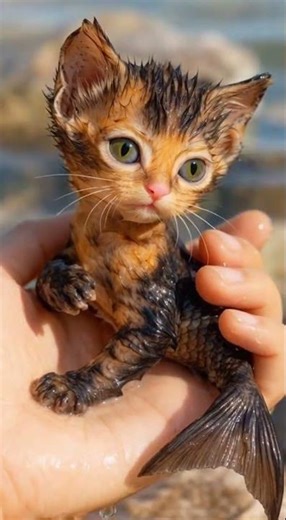 Adorable Wet Kitten with Fish Tail! 🐱🐟 Cute Mermaid Cat Moment at the Beach
