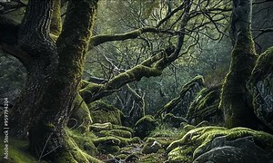 A mysterious, moss-covered forest with twisted branches and thick greenery. The dark and misty atmosphere creates an eerie, otherworldly feeling, evoking adventure and exploration. Generative Ai
