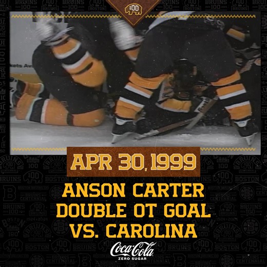 Anson in overtime 🙌 On this date in 1999, Anson Carter secured a 4-3 victory for Boston with a double-overtime winner over Carolina in Game 5 of the first round. #NHLBruins | Coca-Cola | Boston Bruins