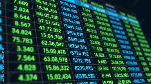 Stock market data stream display with green and blue number ticker