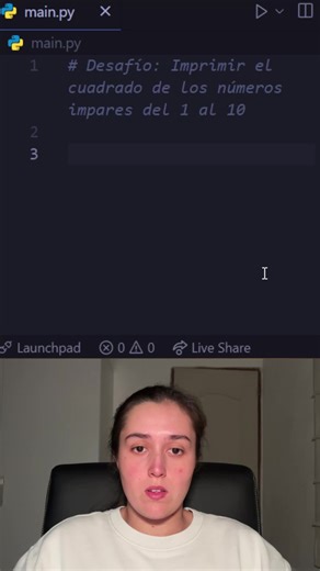 Desafío con Python! Mostrá el cuadrado de los números impares del 1 al 10. print([x**2 for x in range(1, 11) if x % 2 != 0]) Filtramos los impares con x % 2 != 0 y elevamos al cuadrado con x**2. #DesafioPython #PythonChallenge #RetoPython #PythonProjects #MiniProyectosPython #CodeChallenge #AprendePython #PythonDaily #PythonDev #PythonCode #ProgramadorPython #PythonCreativo #PythonEnEspañol #CodingChallenge