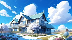 Spring flower garden background with one house in the center. 4k infinite loop animation trailer. Japanese anime style