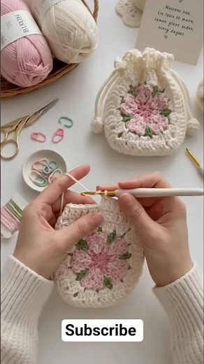 Crochet Flower Drawstring Pouch Tutorial 🌸 Easy Granny Square Bag DIY#crochet #handmade #viral