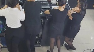 Group of hostess dipping shoeplay at same time