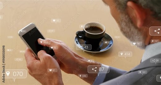 Senior male exec tapping phone and sparking hearts pins shares rising counters, checking marketing