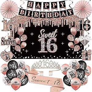 16th Birthday Decorations for Girls, 33pcs Sweet 16 Crown and Sash, Black Rose Gold Happy 16th Birthday Banner Balloons Backdrop Hanging Swirls Paper Fans, Sixteen Party Decorations Kit