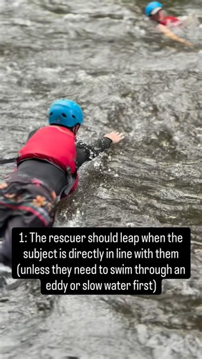 Rescue Training Courses on Instagram: "A common mistake is leaping too early: if the subject gets slowed down by a wave or an eddy line, the rescuer is long gone…better to be a slight moment too late and chase them, than be too early and try to swim upstream. Keep in mind, all of these details become even more important the faster the water and the bigger the rapid gets. (The rapid in the video is a ‘class 1’, the perfect place to first practice these techniques on a course and put the pieces to