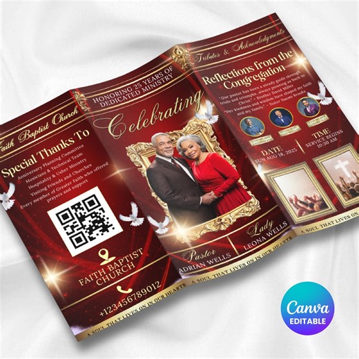 Pastor Anniversary Program Template, Red and Gold Church Anniversary Trifold Brochure, Canva Editable Pastor Appreciation Program - Etsy