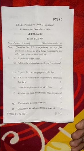 Bca 5th semester question paper 2024 visual Basic #mdu