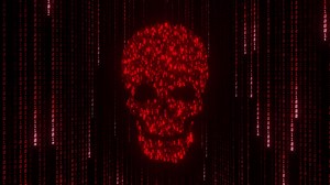 hacker screen red skull with code