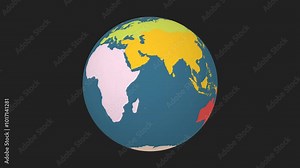 Spinning globe. Normal sphere view. Moderate speed globe rotation. Colored continents style. World map with graticule lines on Dark background. Authentic animation.