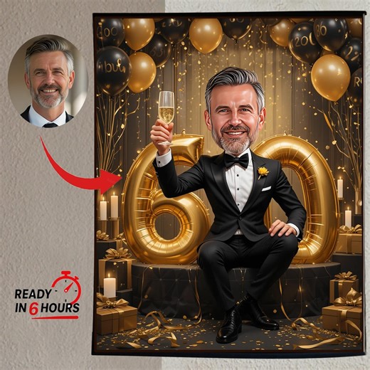 Custom 60th Birthday Caricature Portrait From Photo (digital Download A4 Print) - Etsy UK