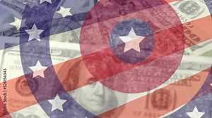 Circles spinning with American flag stars and stripes with American dollar banknotes