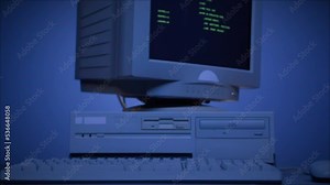 Retro pc with loading code console, programmer making scripts, green basic screen, Old computer studio blue night background close-up, Desktop vintage retro wave display, late 90s PC.