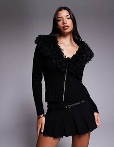 Tiger Mist Brisa pure cotton faux fur trim ribbed cardigan in black | ASOS