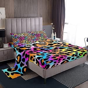 Leopard Print Bed Sheet Set for Girls Kids Women Neon Rainbow Leopard Fur Bedding Set Mottled Exotic Panthera Skin Fitted Sheet Room Decor Colorful Camouflage Safari Theme Bed Cover Full Size 4Pcs