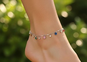 Multicolor Gemstone Anklet for Women, Dainty Silver Chain Anklet With Crystal Charms, Handmade Boho Ankle Bracelet, Christmas Jewelry Gift - Etsy